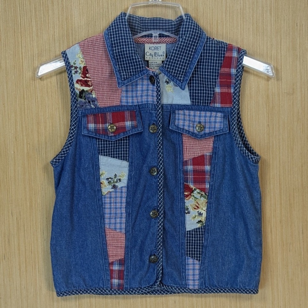 Koret City Blues Denim Vest Women XS Petite Patchwork Boho Retro Vtg 90s Cottage